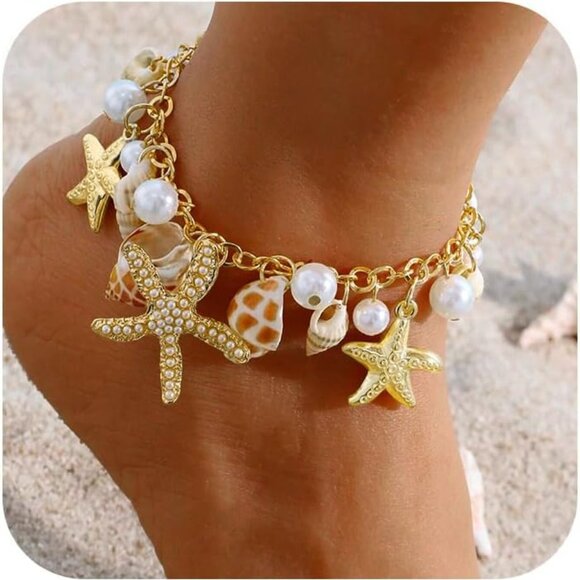 Jewelry - Shell Ankle Bracelet Set for Women, Gold Plated Boho Bead Adjustable Anklet, Haw